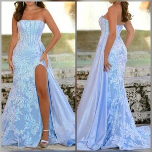 Iridescent light blue prom dress or pageant evening gown with side train